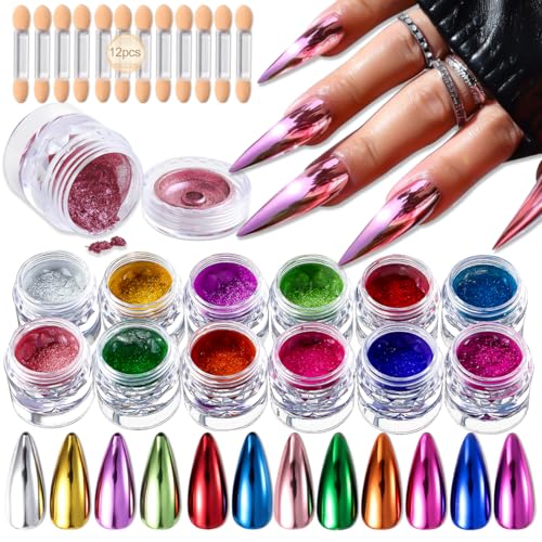 Chrome Nail Powder Kit 12 Colors Holographic Metallic Mirror Effect Chrome Pigment Glitter Dust for Nail Art Gel Polish Decoration Resin Craft Manicure Home DIY Salon Use