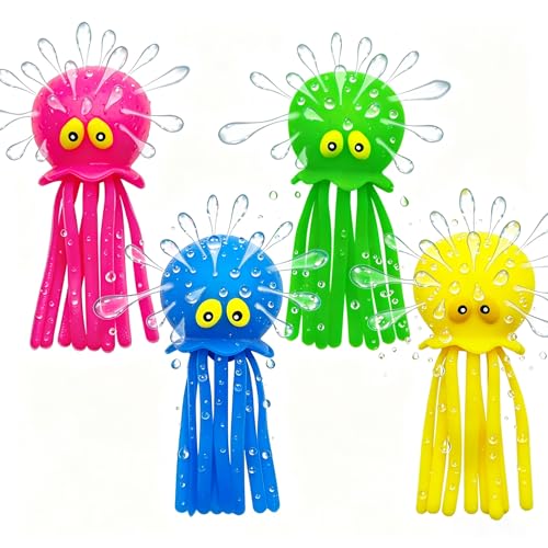Octopus Water Balls Pack of 4 Pool Floating Toys Beach Water Toys Baby Bath Toys Squishy Sensory Stress Relief Toys Cute Goodie Bag Fillers for Kids Boys and Girls Pink Blue Green and Yellow