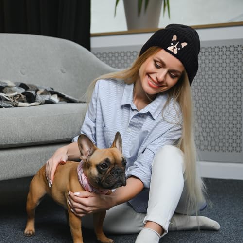 Geyoga Französische Bulldogge Geschenk Strickmütze Wintermütze Beanie mit Aufgesticktem Französischen Hund und Kleiner Bulldogge Schlüsselanhänger für Hundeliebhaber Geburtstag Weihnachten(Schwarz)