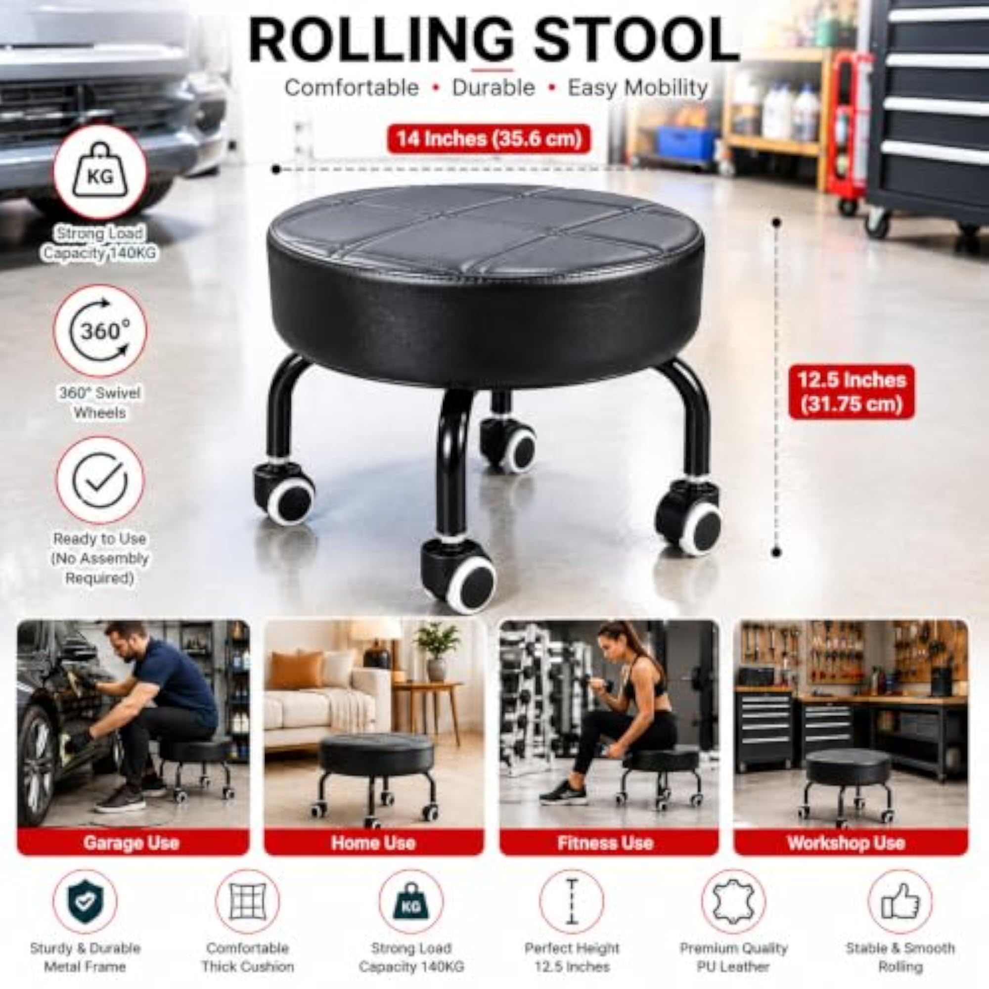 Modern Rolling Stool with PU Leather, 360° Swivel