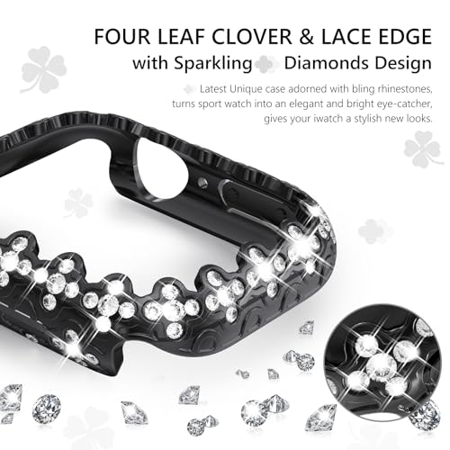 Wingle Bling Case Bumper for Apple Watch Series 11 10 42mm Case Cover, 4 Leaf Clover Lace Edge Diamond Crystal Rhinestone Protective Face Cover Hard PC Frame Protector iWatch 11 10 Cases 42 mm, Black - image 2