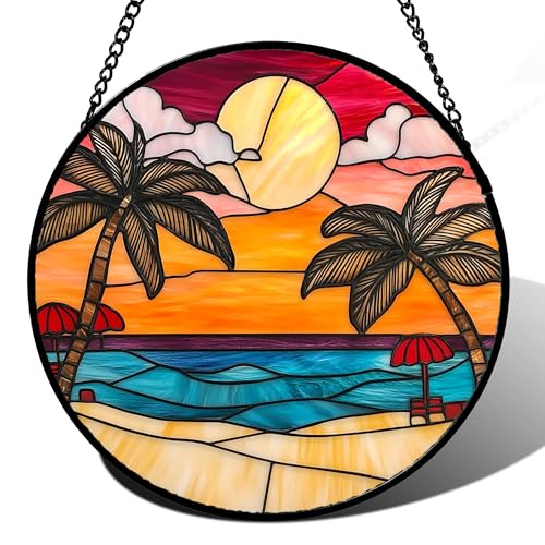 Stained Glass Window Hanging Sunrise View at A Seaside Resort - Suncatcher Door Garden Sun Catcher Home Decor Birthday Christmas for Mom Woman Friend Nana 7.4 in
