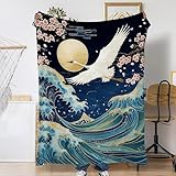 Japanese Crane Throw Blanket for Couch Home Decoration,Blue Wave Cherry Blossom Cozy Fluffy Blanket,Decorative Flannel Fleece Fall Throw for Sofa Living Room Travel,Camping,Naps,Reading50 X 60 Inch