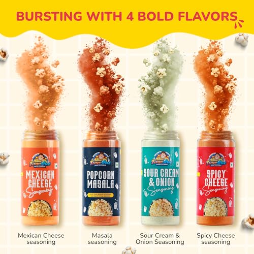 Image of Time Out Popcorn DIY Gift Hamper Kit, Popcorn Kernels (Maize) 400g with 4 seasoning Mexican Cheese, Spicy Cheese, Sour Cream Onion & Popcorn Masala
