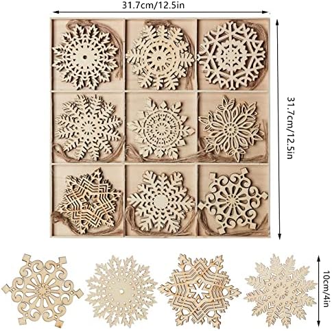 WAIZHIUA 27Pcs Christmas Wooden Snowflakes Ornaments, 9 Patterns Unfinished Wood Snowflake Embellishments with Natural Jute Hanging Strings for Rustic Christmas Tree Decoration DIY Crafts