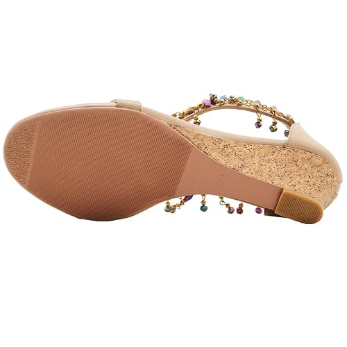 Xiangzu Women's Wedge Sandalst Strap Beaded Open Toe Low Heel Dress Sandal (8, Nude) #TOP1