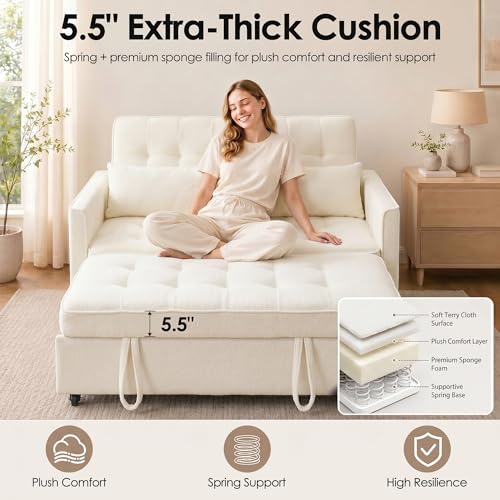 Image of Dreamzie 55'' 3 in 1 Convertible Sofa Bed with USB Charging Ports, Pull Out Couch with Adjustable Backrest and Side Pockets, Sleeper Sofa for Living Room, Apartment, RV, Easy Assembly - Beige