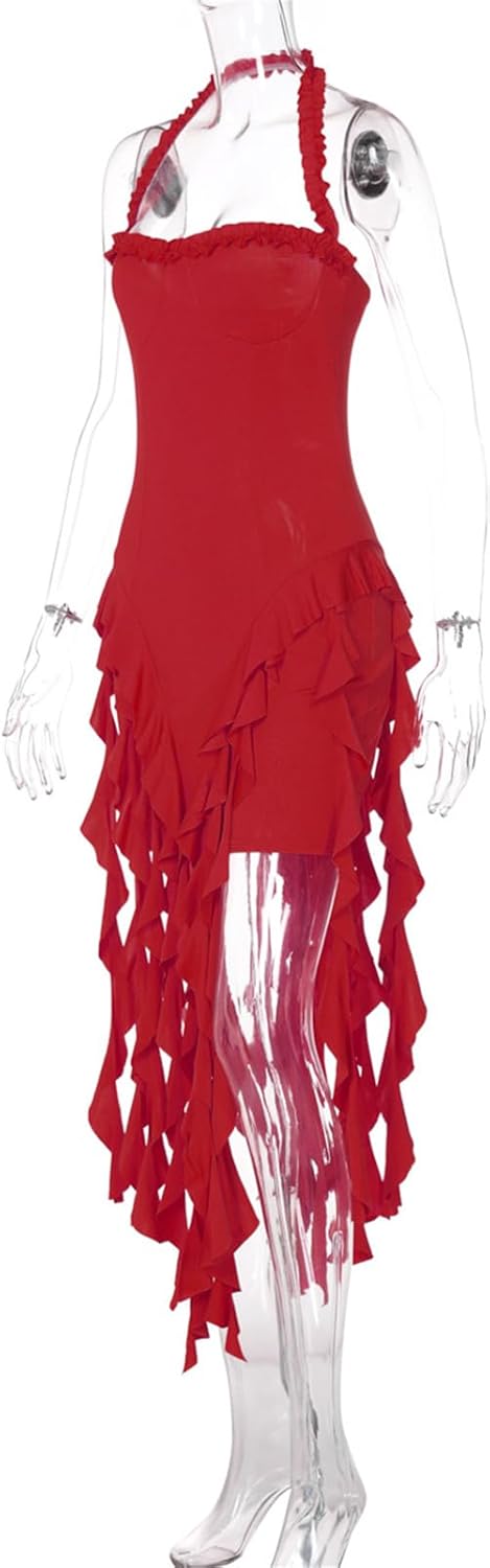 Women's Mini Dress Sexy Halter Backless Ruffle Fringe Bodycon Short Dress Cocktail Party Beach Vacation Sundress - Image 5