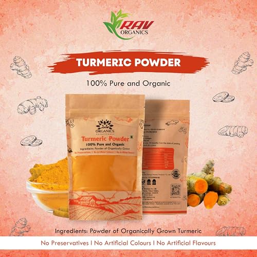Image of Rav Organics Pure Haldi Rich in Natural Curcumin 250g | Organic Turmeric Powder | 100% Natural Sun-Dried & Stone-Ground Farm-Grown Indian Spice for Cooking, Golden Milk & Wellness | Non-GMO, NPOP Certified