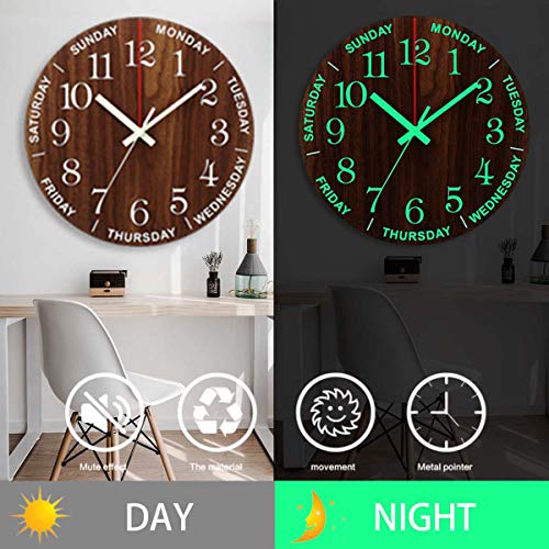 Wall Clock -12 Inch Luminous Wall Clock Silent Wooden Design Night Lights Round Wall Clock For Bedroom Bathroom Kitchen Living Room (Battery Not Included) #TOP1