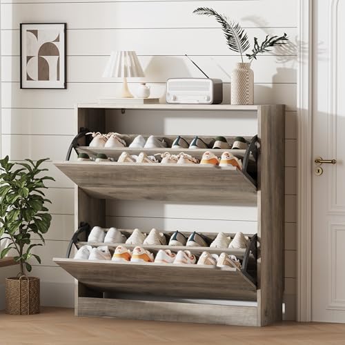 Image of Xixini Shoe Storage Cabinet for Entryway with 2 Flip Drawers, Sturdy Wood Hidden Shoe Storage, Freestanding Narrow Slim Shoe Organizer for Front Door Entrance, Living Room, Hallway, Bedroom, Grey