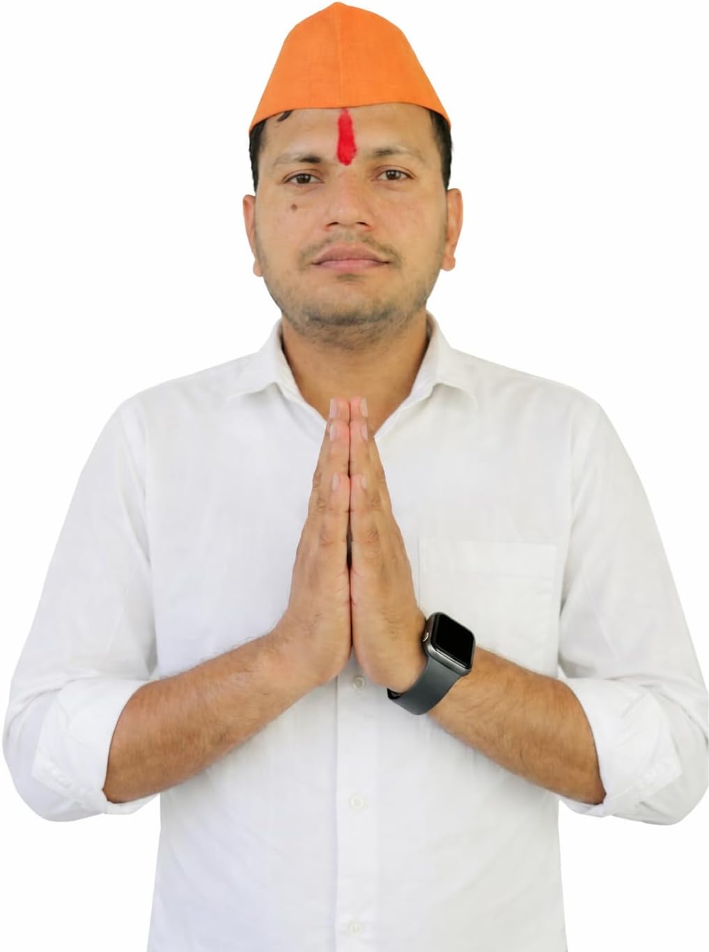 CRAFT WORLD Orange Topi Cotton Authentic Gandhi Traditional White Cap Marathi Wedding Topee Pooa Cap for Present in Functions Maharashtrian Saffron