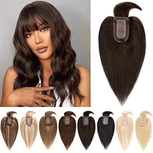 S-noilite Hair Toppers for Thinning Hair Women Real Hair with Bangs, Human Hair Extensions With Fringe Clip in Toupee Silk Base Hair Pieces 130% Density (6 Inch, 1B Natural Black)