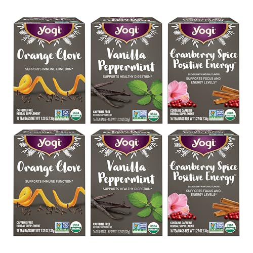 Yogi Tea Holiday Variety Sampler - 16 Bags per Pack (6 Packs) - Holiday Sampler - Includes 2 Vanilla Peppermint, 2 Orange Clove & 2 Cranberry Spice Positive Energy - Seasonal Tea Sampler Set