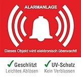 AUFFÄLLIG - Edle Glanzoptik mit kräftigen, auffallenden Farben (Rot / Weiß). Das Alarmanlagen-Symbol lässt sich auch von weiter Entfernung gut erkennen und sieht besonders Abschreckend aus.