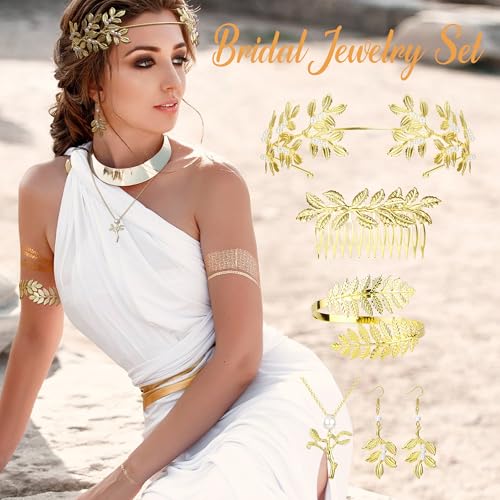 FINREZIO Greek Goddess Costume Accessories Jewelry Set For Women Leaf Arm Cuff Goddess Crown Headband Pearl Dangle Earring Necklace Hair Pin Belt Chain Adjustable Bridal Wedding Halloween Set A - Thumbnail 2
