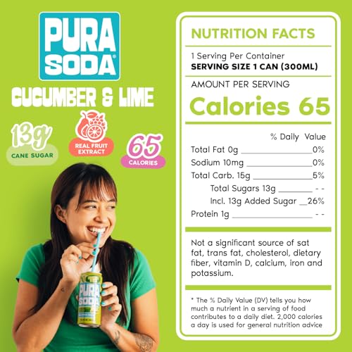 Image of PuraSoda Cucumber & Lime - 12g Pure Cane Sugar Soda, 10 Fl Oz, Pack of 24 | Real Fruit Extract, Non-Gmo Vegan, No Stevia Or Artificial Sweeteners, 13g Cane Sugar, 10 Fl Oz Cans