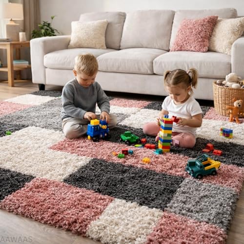 Image of 3D Shaggy Polyester Carpet Rug Runner Area Mats for Bedroom /Living Area /Home with Anti Slip Backing Soft /Fluffy Hight Pile - (3D Pink B, 4x6 feet)