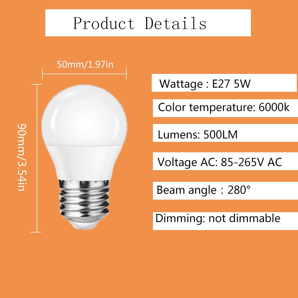 Żarówki ledowe Zestaw 6 profesjonalnych żarówek E27 Edison z gwintem w kształcie piłki golfowej, odpowiednik 50 W, chłodna biel 6000 K 500 lm, bez możliwości ściemniania
