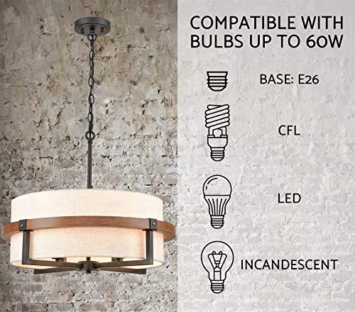 Axiland Rustic Drum Chandelier 4-Light Dining Room Chandelier With Off-White Fabric Shade #TOP6