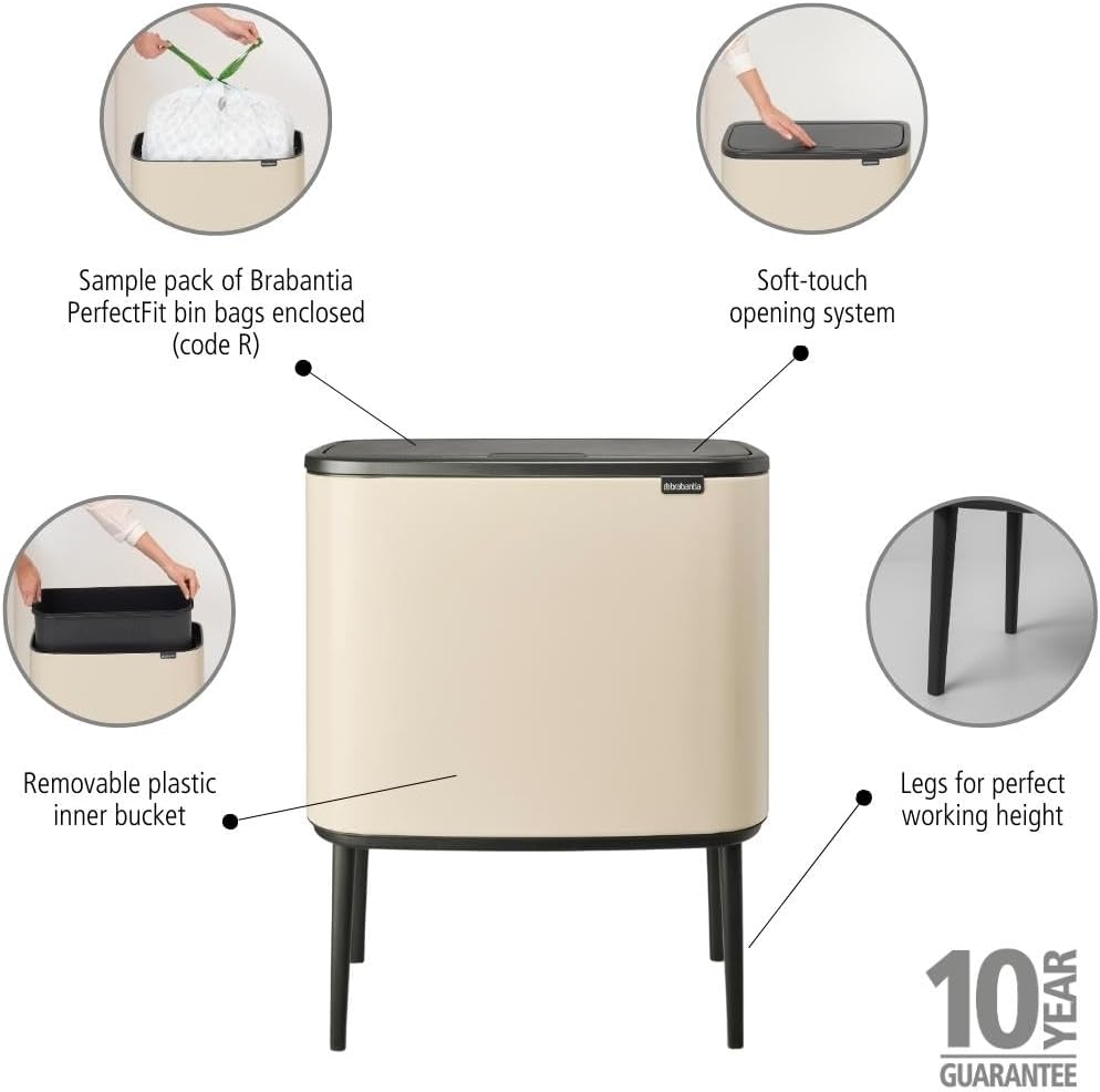 Brabantia Bo Touch Top Kitchen Trash Can with Single Compartment & Raised Legs | Soft Beige | 9.5 Gal Inner Bucket | Soft-Close Garbage Can, Stay-Open Lid | Fits Against Wall | + Trash Bags