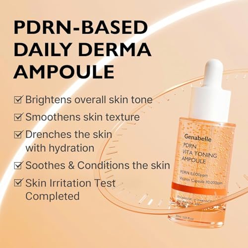 Genabelle PDRN Vita Toning Ampoule JUMBO SIZE - Lightweight Glass Skin & Toning Ampoule with Vitamin B, C, E, PDRN, Serum for Blemishes, Fine Lines and Rough Skin Texture, 2.36 fl oz