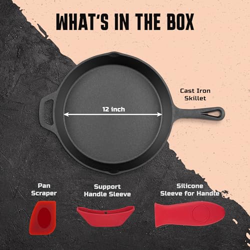 Cast Iron Skillet 12 Inch - Professional Pre-Seasoned Heavy-Duty Frying Pan Cookware with Scraper & Handle Sleeve for Frying, Sautéing, Cooking, Baking. - Thumbnail 2