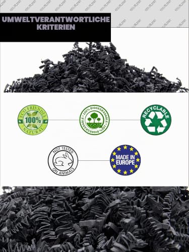 Foto von YOTEI SPIRIT® 500g Geschreddertes Schwarzes Papier für Geschenkbox – Füllmaterial für Pakete, Körbe, Boxen und Verpackungen - Schutz und Dekoration (500g, Schwarz)