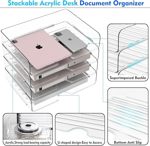LATERN 4 Stück Papier Organizer Briefablagen, Acryl Stapelbare A4-Papierablage Transparenter Dokumentenhalter Schreibtisch Organizer für Bücher Notizen Papier Zuhause Büro Schule Organisieren