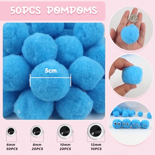 TOAOB 50 Stück Pompons zum Basteln Groß 5 cm Blau Pompom Flauschigen Plüsch set Bälle Kunst Bommel mit Selbstklebend Wackelaugen für Dekorieren Verzieren Nähen DIY Lustige Kreativen Handwerk