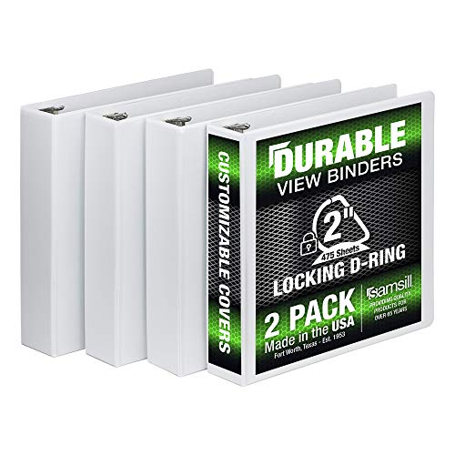 Samsill 3 Ring Durable View Binders - 4 Pack, 2 Inch Locking D-Ring, Non-Stick Customizable Clear View Cover, White (S66467)