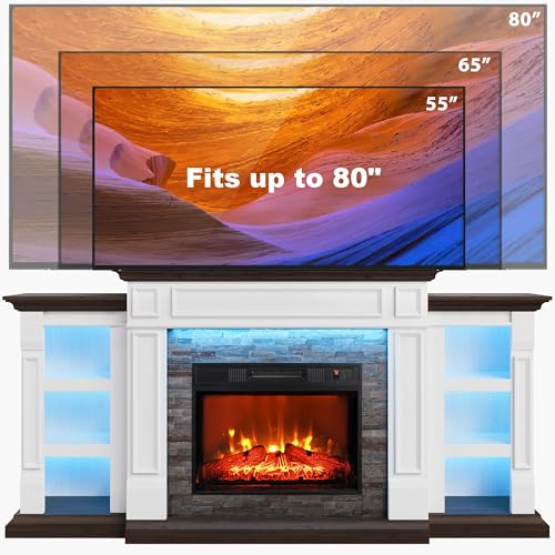 70\" Electric Fireplace with Mantel and Cabinets, Fireplace TV Stand for Living Room Bedroom, LED Light, Stacked Stone Surround and Remote Control 3D Realistic Flame