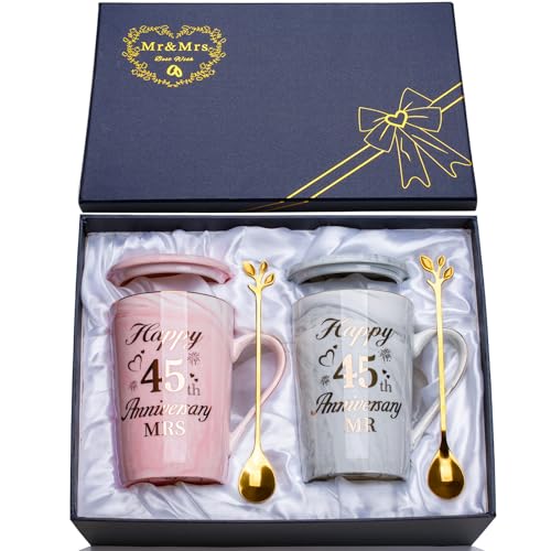 45th Wedding Anniversar-y Gifts 45 Years Wedding Anniversar-y Gift 2PCS Happy 45th Anniversary Gif-ts Mr Mrs Gifts Marble Ceramic Cups 14oz with Spoon Giftbox Sapphire Anniversary Gif-ts for Him