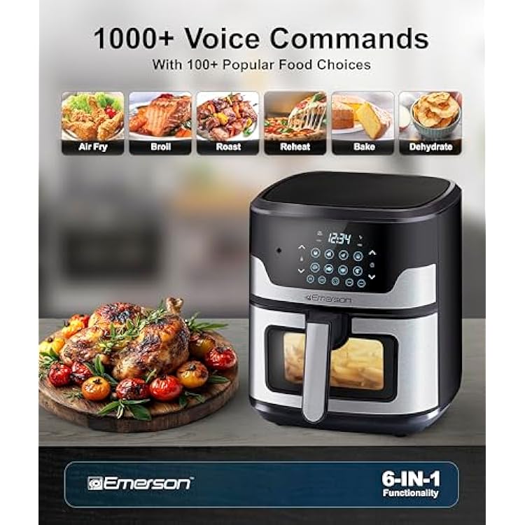 Emerson SmartVoice 5.3QT Air Fryer, 1000+ Voice Commands, 6-in-1 Digital Cooker, Compact Countertop Design, Oil-Free Healthy Cooking, Easy-Clean Nonstick Basket, 1500W