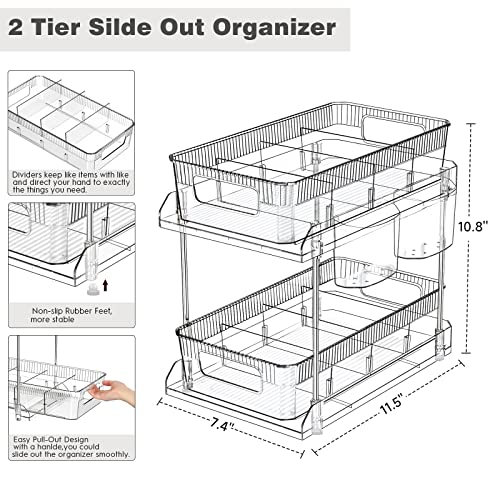 2 Tier Bathroom Organizer with Dividers,Clear Under Sink Organizers Storage Slide Out Bathroom Vanity Counter Storage Container with 4 Cups for Kitchen Pantry Cabinet Closet, Medicine Organizer