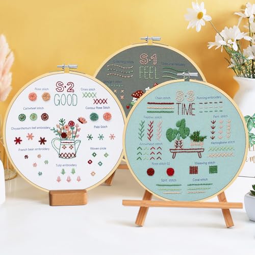 Image of KintKita Embroidery Kit for Adults Beginners, 3 Stages to Learn 31 Basic Embroidery Stitches Practice Cross Stitch Kits for Beginners with Embroidery Patterns, Hoop,Threads,Tools