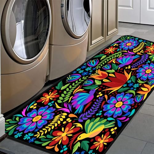 GISPOG Colorful Mexican Floral Kitchen Rugs Indoor Outdoor Non Slip Kitchen Floor Mats Area Rugs Runner Rug Laundry Room Rug 20x48 in