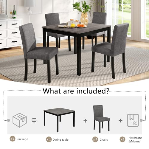 Image of KEIKI 5-Piece Standard Height Dining Table Set with Square Table and 4 Upholstered Curved Backrset Chair, for 4 Person, Modern Wooden Table Set, Easy Assembly, for Kitchen, Dining Room, Black+Gray