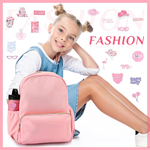 Kacctyen 3 Pcs Preppy Aesthetic Nylon Preppy Backpack Travel Cosmetic Pouch Bag Insulated Water Bottle With 50 Preppy Stickers For Teenage Girls Diy, Light Pink #TOP28