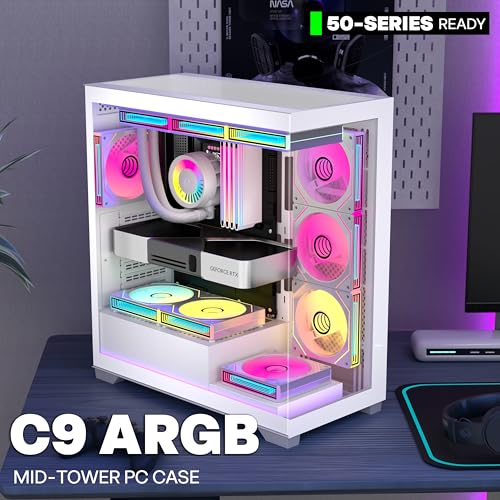 ANSAITE ATX PC-Gehäuse 7×120 mm ARGB PWM-Lüfter vorinstalliert ，Mid-Tower Gaming PC-Gehäuse, Vollansichtiges Doppel-Hartglas Computer-Gehäuse mit Type-C, 360mm Radiator Unterstützung