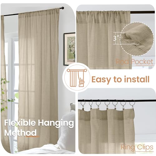 Image of BGment Camel Linen Curtains 63 Inches Long for Living Room - Semi Sheer Light Filtering Window Drapes with Rod Pocket Textured Lightweight for Bedroom, 2 Panels Set, Each 52 Inch Wide