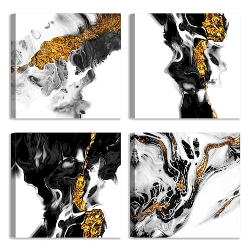 LuxHomeDecor Set di 4 quadri 30x30 cm - stampa su tela con telaio in legno – Arte astratta moderna in bianco, nero e oro: quadri eleganti per soggiorno, camera o ufficio