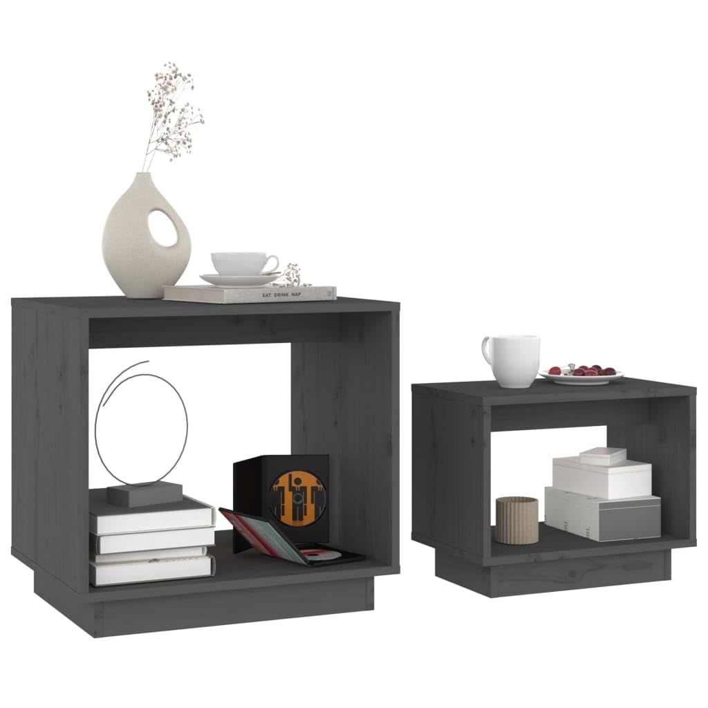Set di 2 tavolini in pino massiccio, 50 x 40 x 47 cm e 40 x 25 x 32 cm, grigio, salvaspazio, moderno accessorio per la casa, per soggiorno, camera da letto, balcone