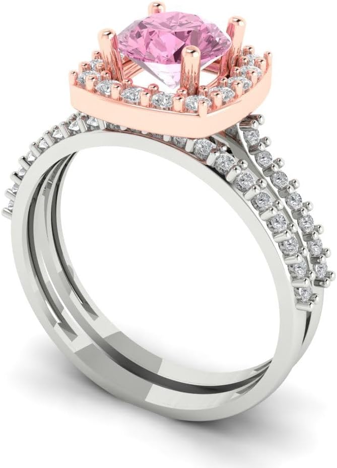 Clara Pucci 2.35 ct Round Cut Halo Solitaire Pink Simulated Diamond Designer Art Deco Statement Wedding Ring Band Set 18K White Rose Gold
