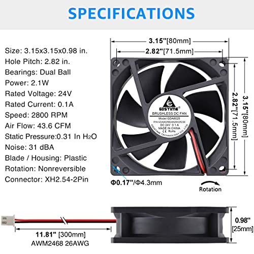 Gdstime 80Mm X 80Mm X 25Mm Dc 24V Dual Ball Bearings Brushless Cooling Cooler Case Fan #TOP5