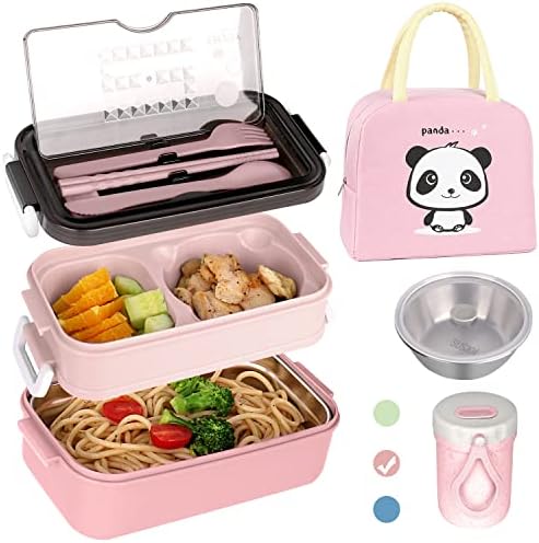 Homnoble Bento Box Adult Lunch Box, Bento Box for Kids Adult Leakproof BPA-Free 3 Compartment Lunch Box Container 4 in 1 Meal Prep Container Dishwasher SafeMicrowave Safe With Utensils & Bag, Pink