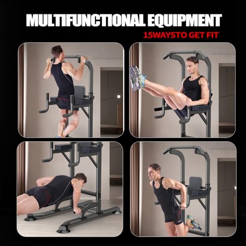 Power Tower Adjustable Height Pull Up & Dip Station Multi-Function Home Strength Training Fitness Workout Station for Home Gym (N)