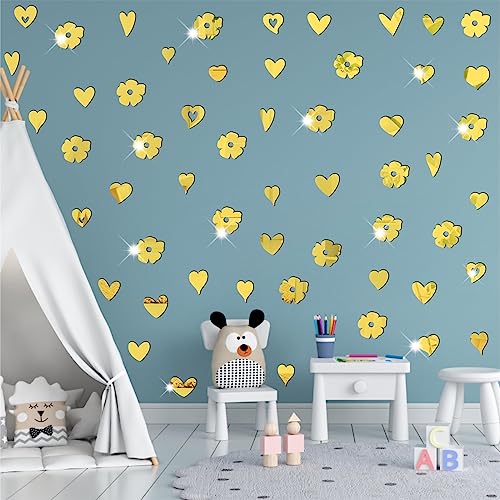Acrylic Mirror Wall Sticker 3D Flower Mirror Stickers Wall Decor Daisy Heart Mirror Tiles Decals For Girls Bedroom Living Room Removable Acrylic Mirror Setting For Bathroom Kitchen Office Decoration #TOP2