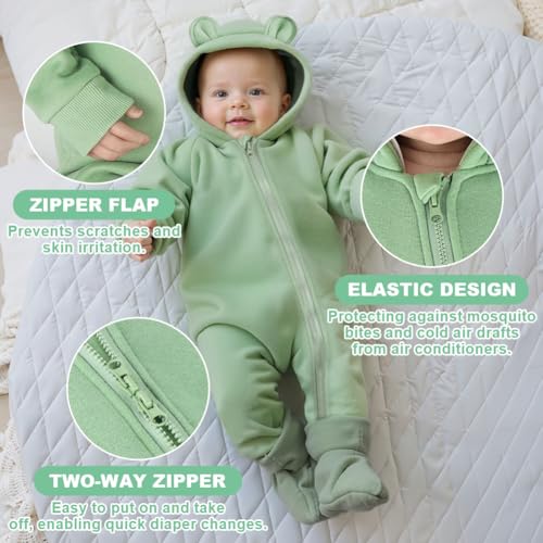 ABOHU Neugeborenes Baby Jungen Mädchen Strampler, Lange Ärmel Overall mit Bär Ohr und Kapuze, Säuglings Frühling Herbst Body, Reißverschluss Bodysuit Baby Schlafanzug Einteilige 0-6 Monate