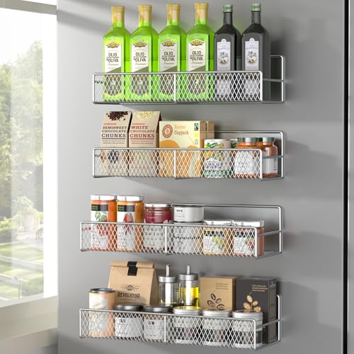 DTUQYX Magnetic Spice Rack for Refrigerator, 4 Pack 100% Metal Strong Magnet Fridge Shelves, Space Saving Spice Organizer, No Drilling Home Kitchen Laundry Room Storage Organization Moveable, Grey by DTUQYX - Used condition - US$13.65